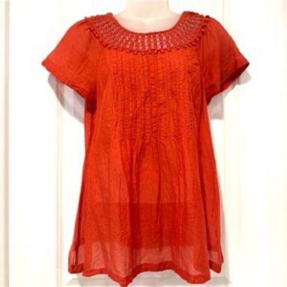 Banana Republic Silk Cotton Blend Crochet Pom Pom Red Blouse, Size L